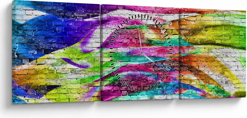 Tablou - Zid de cărămidă cu flăcări colorate (cu ceas) (90x30 cm)