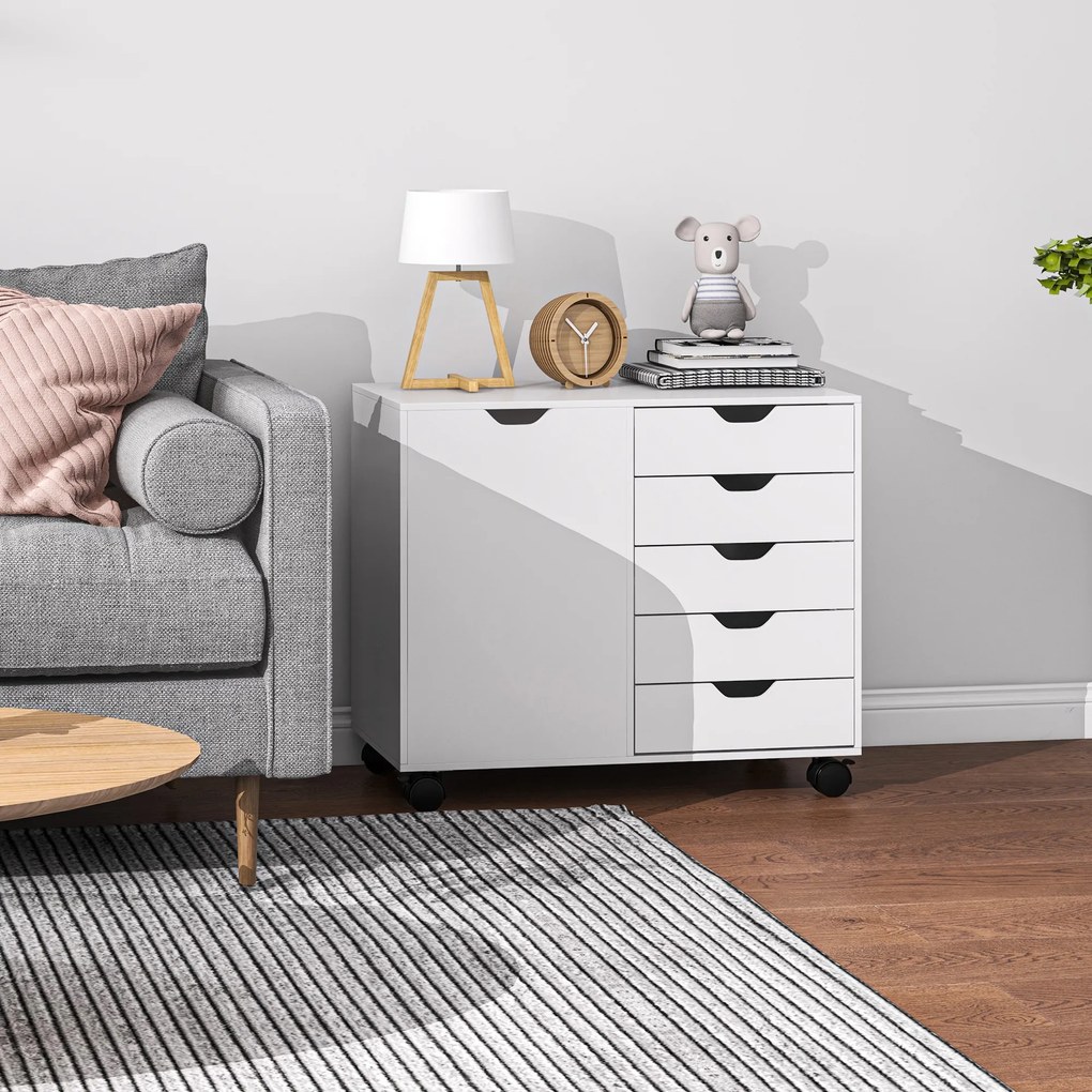 HOMCOM Dulap Lateral cu 5 Sertare, Dulap cu Raft Reglabil, Mobilier pentru Birou pe Roți, Suport pentru Imprimantă pentru Biroul de Acasă, Alb | Aosom Romania