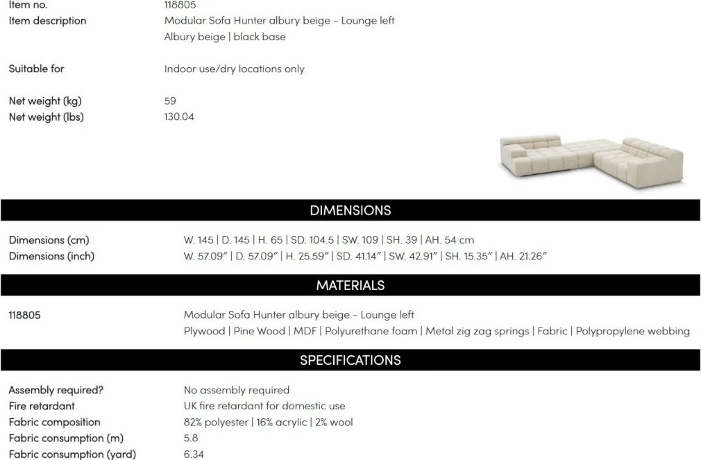 Modul stanga pentru canapeaua design LUX Hunter