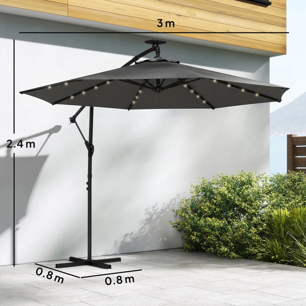 Outsunny Umbrelă cu braț lateral LED solar aprox. Ø300 cm, rotativă, cu manivelă, suport și husă, Gri închis | Aosom Romania