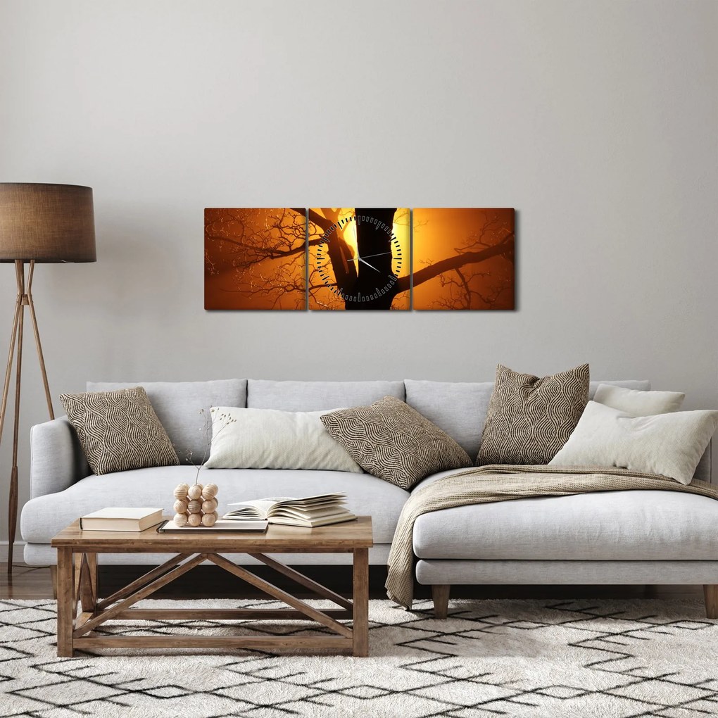 Tablou cu copac în apus de soare (cu ceas) (90x30 cm)