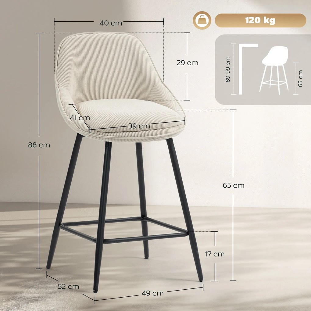 HOMCOM Set de 2 scaune de bar cu acoperire cord și picioare din oțel, scaune tapițate pentru insula bucătăriei, sufragerie, cremă | Aosom Romania
