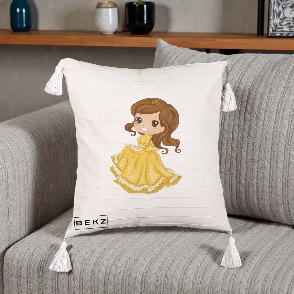 Perna Decorativa Printesa Bella Rochie Aurie, 40x40 cm, Bej cu Franjuri, Husa Detasabila, Perna Inclusa, BEKZ®