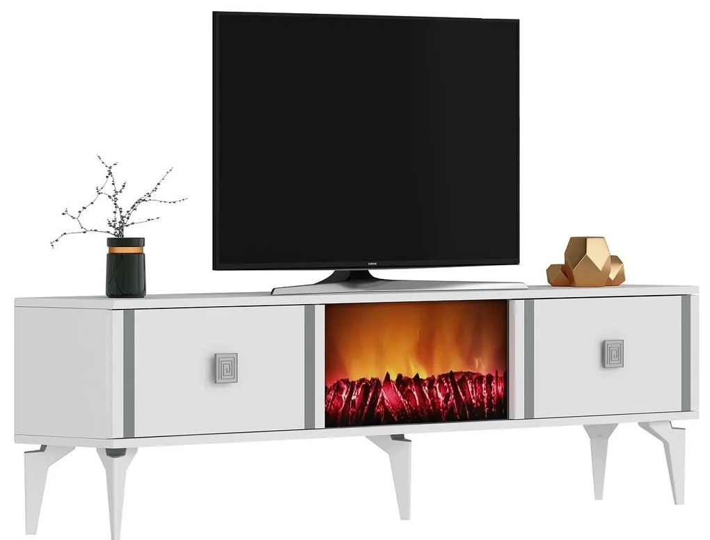 Masă TV/Dulap cu șemineu Tobuvu 2 (alb + argintiu) . 1095522