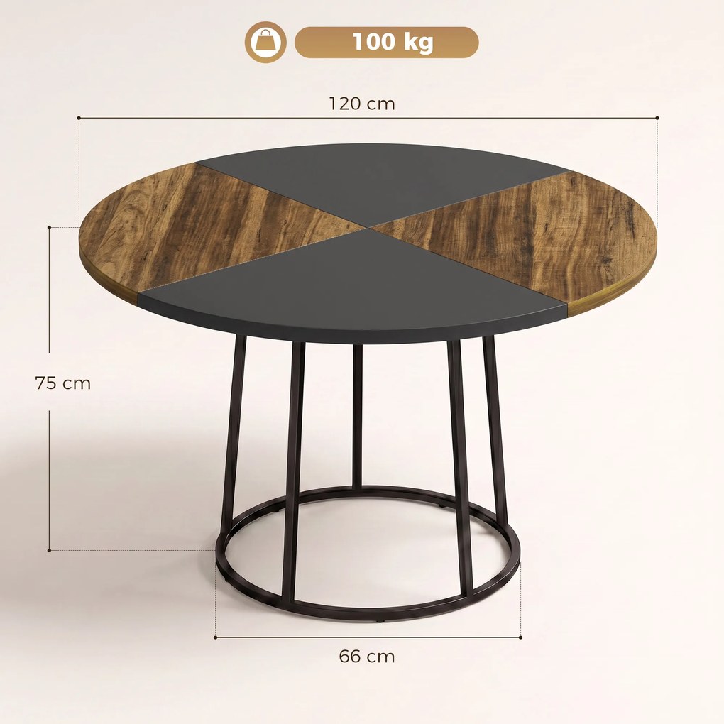 HOMCOM Masă de Dining Rotundă pentru 4-6 Persoane, Blat Bicolor MDF și Metal, 120x120x75 cm, Maro Rustic și Negru | Aosom Romania