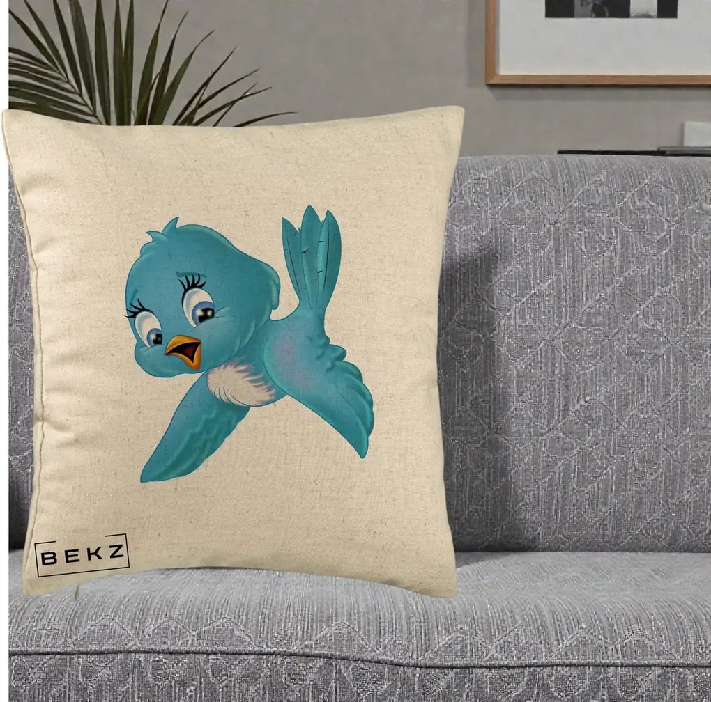 Perna Decorativa Pui de Pasare Albastru, 40x40 cm, Bej, Husa Detasabila, Perna Inclusa, BEKZ®