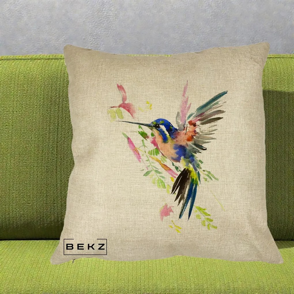 Perna Decorativa Colibri Acuarela, 40x40 cm, Crem, Husa Detasabila, Perna Inclusa, BEKZ®