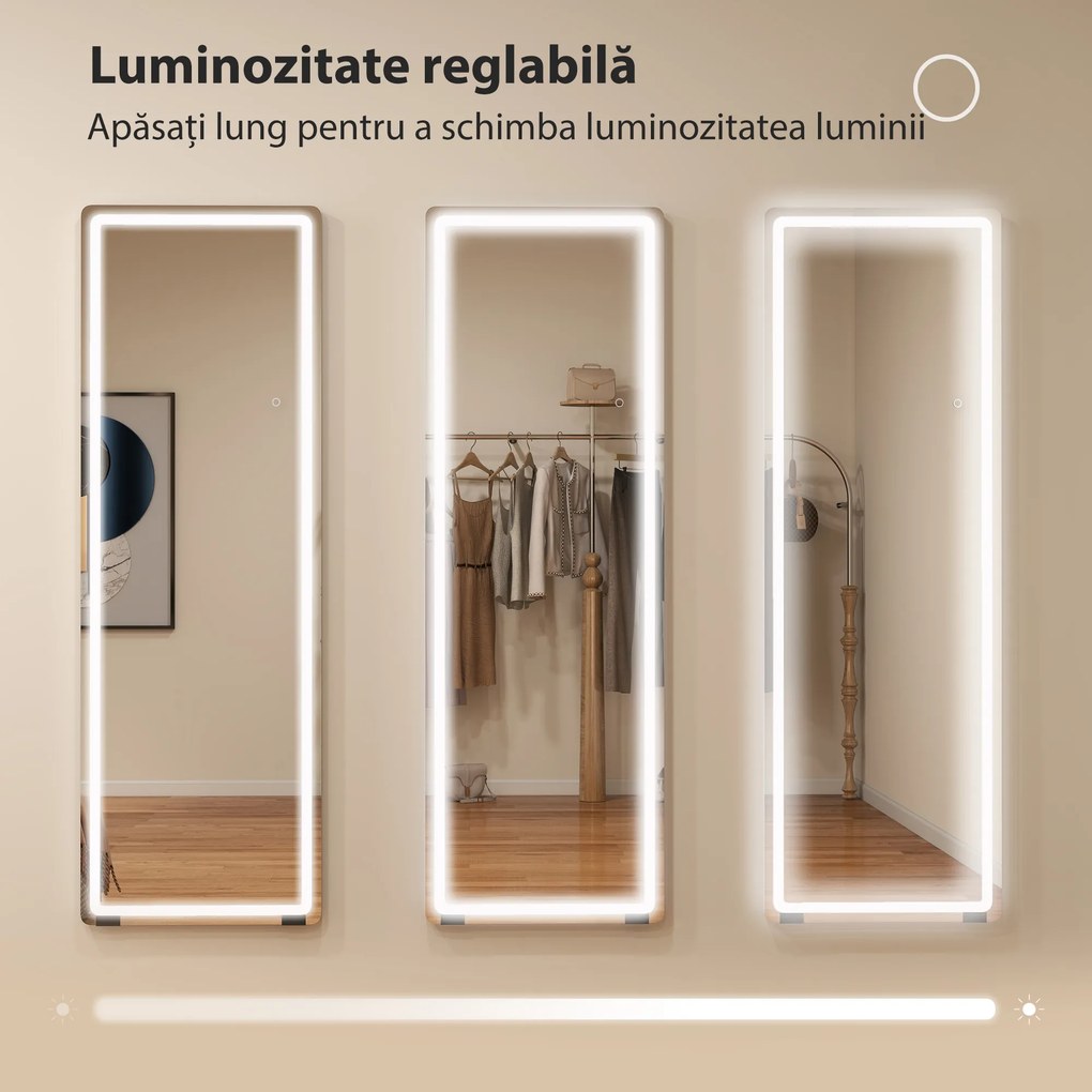 HOMCOM Oglindă de Corp Întreg cu LED, 150x50 cm, Iluminare în 3 Culori, de Podea, Sprijinită sau Montată pe Perete, Transparentă | Aosom Romania