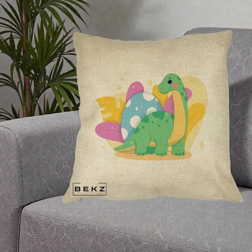 Perna Personalizata Dinozaur cu Ou Pastelat, 40x40 cm, Crem, Husa Detasabila, Perna Inclusa, BEKZ®