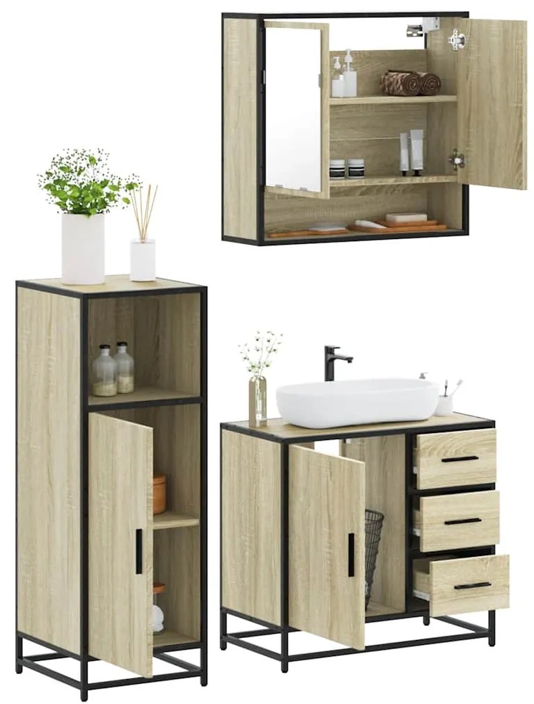 vidaXL Set mobilier de baie, 3 piese, stejar sonoma, lemn prelucrat
