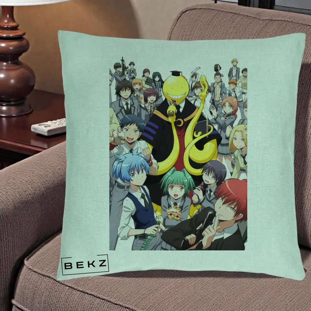 Perna Personalizata Assassination Classroom Grup Complet Anime, 40x40 cm, Verde Menta, Husa Detasabila, Perna Inclusa, BEKZ®
