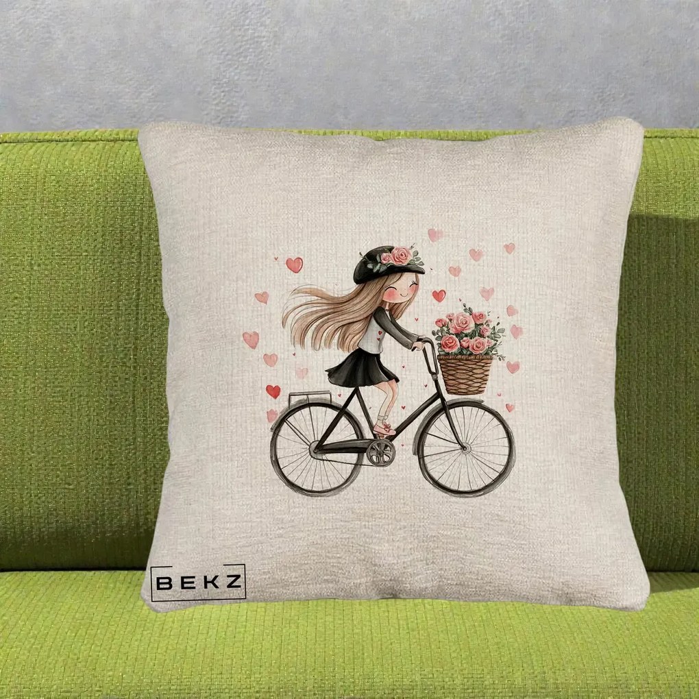 Perna Decorativa Fetita Kawaii pe Bicicleta cu Trandafiri si Inimioare, 40x40 cm, Bej Canapea, Husa Detasabila, Perna Inclusa, BEKZ®