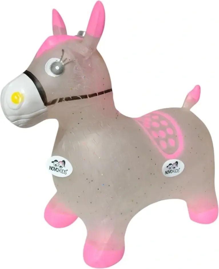 Calut de sarit gonflabil NOVOKIDS™ Jumping Donkey, Cu sunete si lumini, Dimensiuni 55X50X25 cm, Pentru interior si exterior, Max 50 kg, Roz Gri