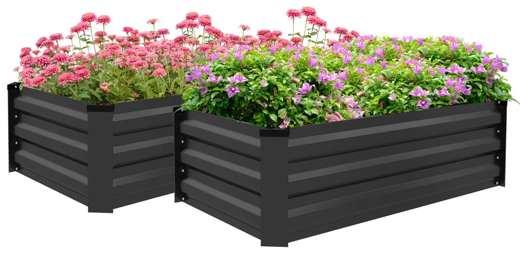 Outsunny Set de 2 Paturi Galvanizate Inaltate pentru Gradina, Cutie de Plantare Inaltata pentru Exterior, Usor de Asamblat, pentru Cultivarea Florilor