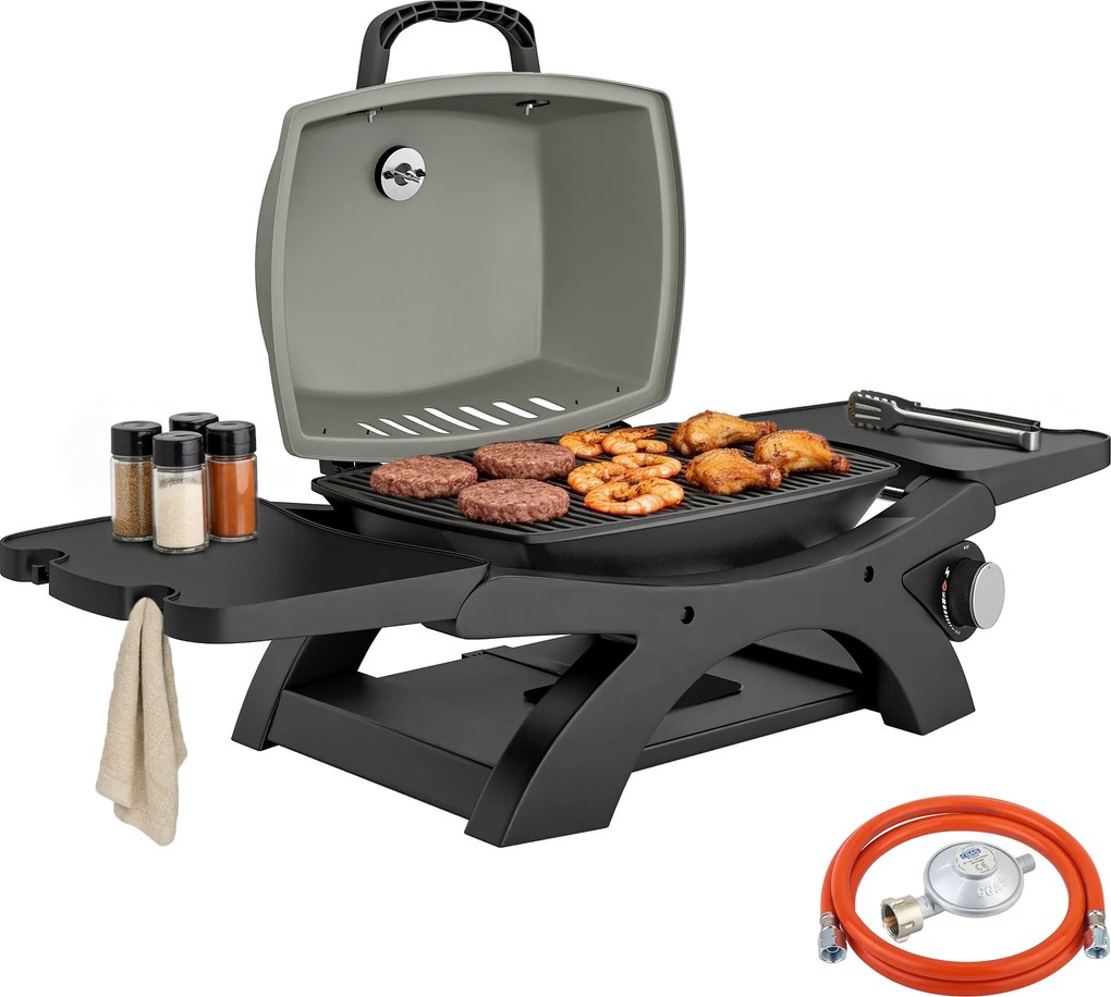 Outsunny Grătar pe gaz 3,3 kW Grătar de masă cu 1 arzător, mese laterale pliabile, grătare din fontă, tavă de colectare detașabilă | Aosom Romania