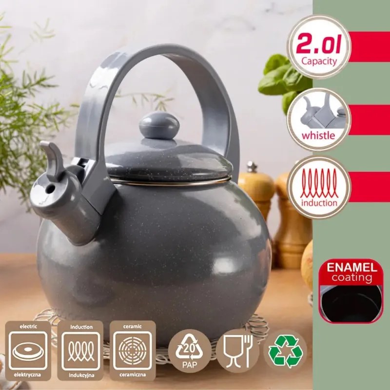 Ceainic cu fluier Kinghoff KH 2079, 2 l, Interior emailat, Toate plitele inclusiv inductie, Gri