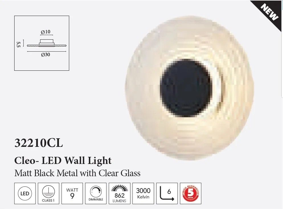 Aplica LED metal negru mat sticla clara Cleo