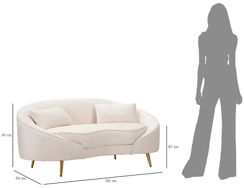 Canapea cu 2 locuri, Oslo, Mauro Ferretti, 148 x 84 x 68 cm, lemn de eucalipt/poliester/metal, crem/auriu