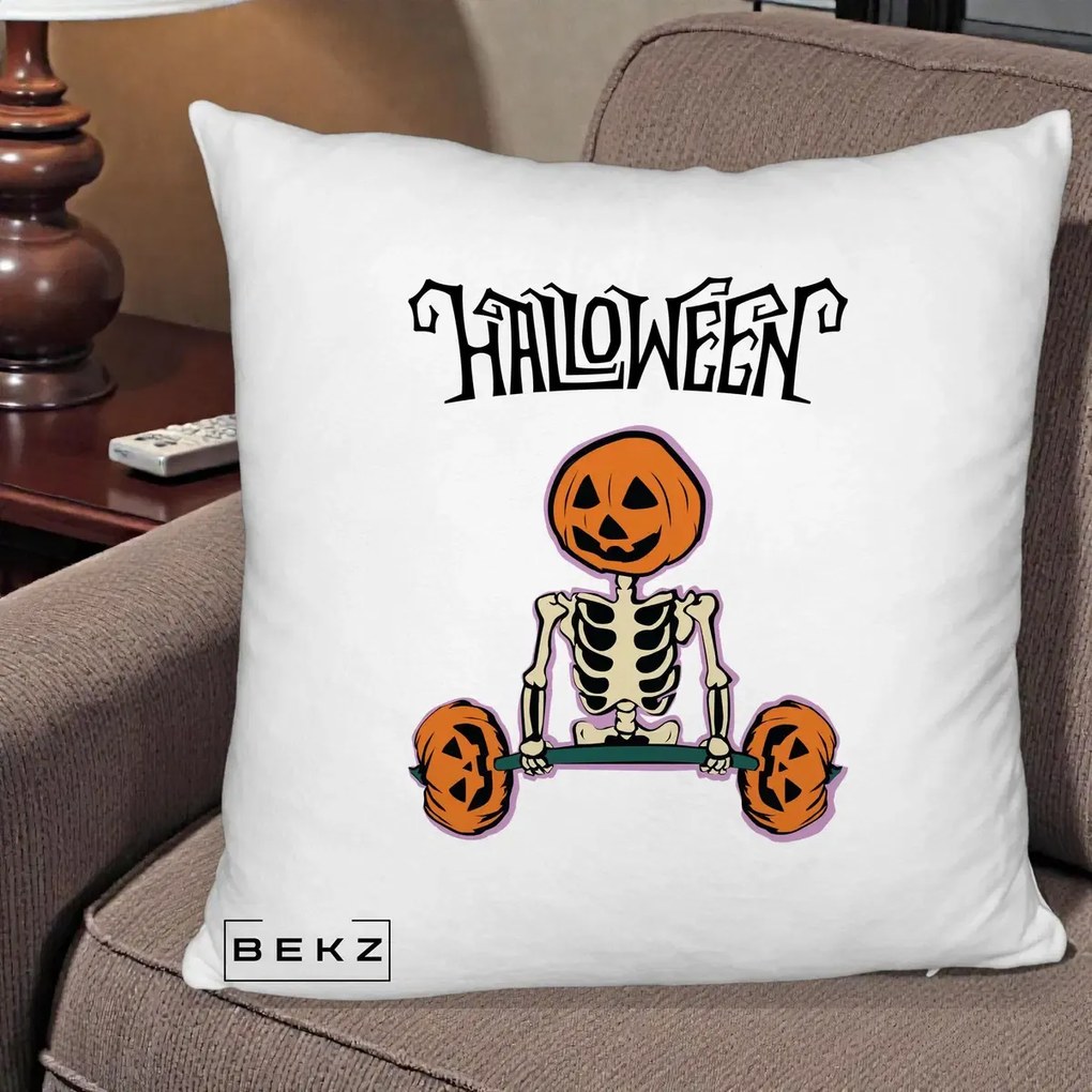 Perna Decorativa Halloween Schelet cu Cap de Dovleac Powerlifting, 40x40 cm, Alb Pufos, Husa Detasabila, Perna Inclusa, BEKZ®