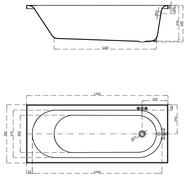 Cada baie incastrata Cersanit Octavia, 170 x 70 cm, dreptunghiulara, alb lucios 1700x700 mm