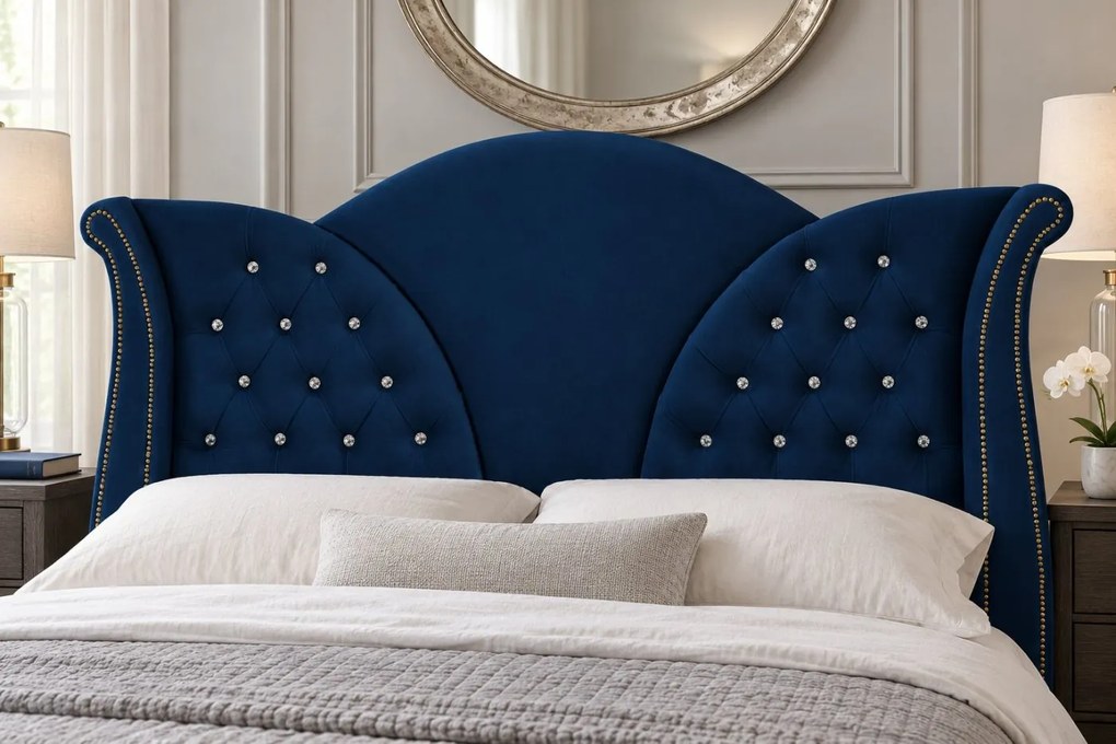 Pat tapițat Chesterfield din catifea Velora Cristal 140×200 cm, bleumarin, cu ladă de depozitare