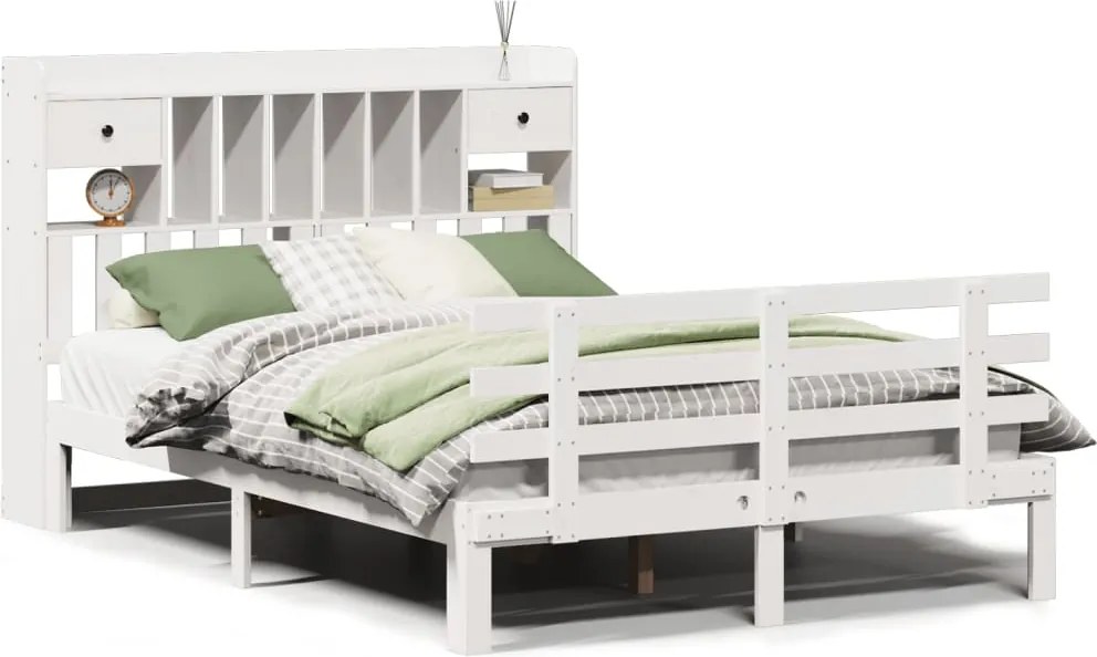 vidaXL Pat cu bibliotecă fără saltea, alb, 150x200 cm, lemn masiv pin