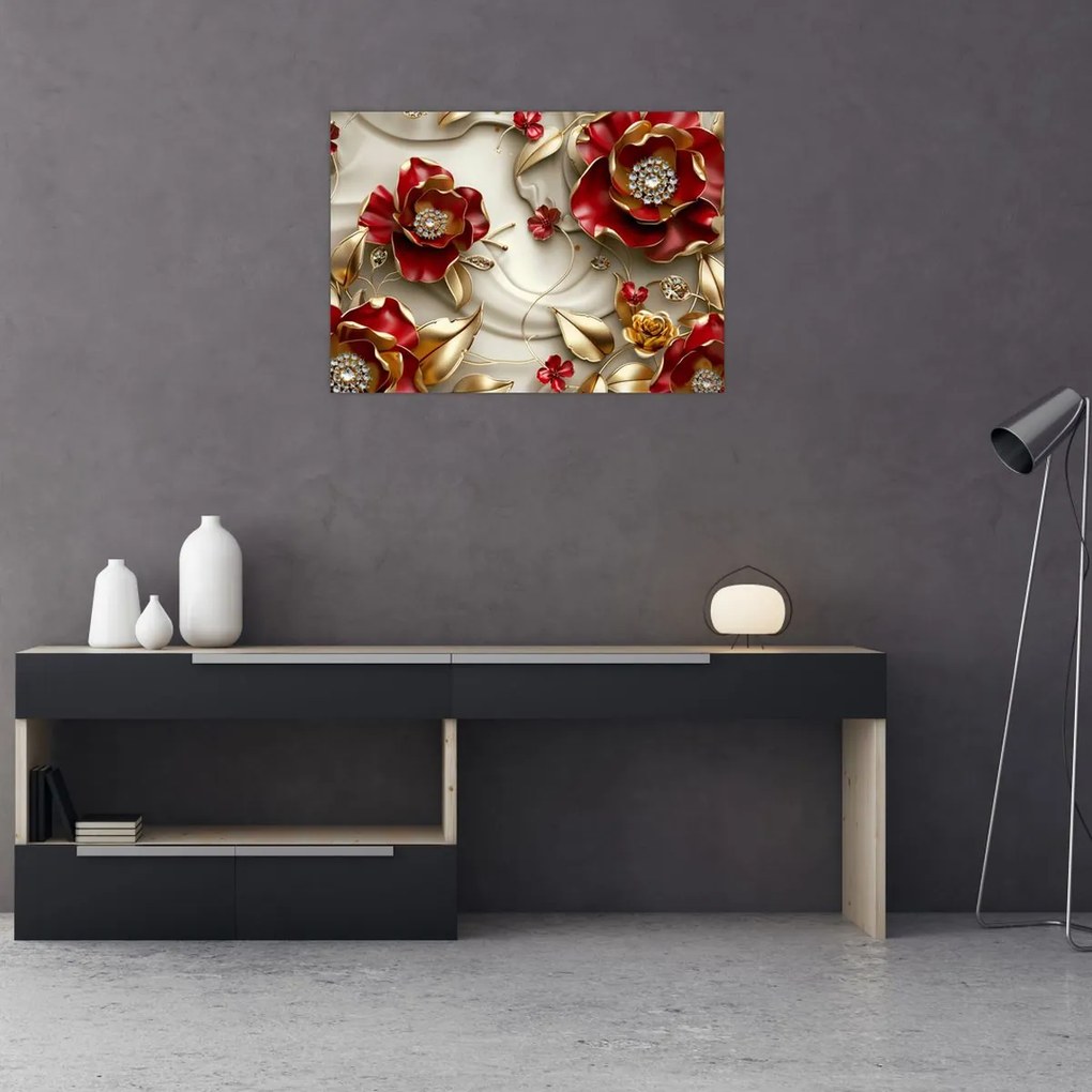 Tablou pe sticlă - Flori 3D Roșu-Auriu (70x50 cm)