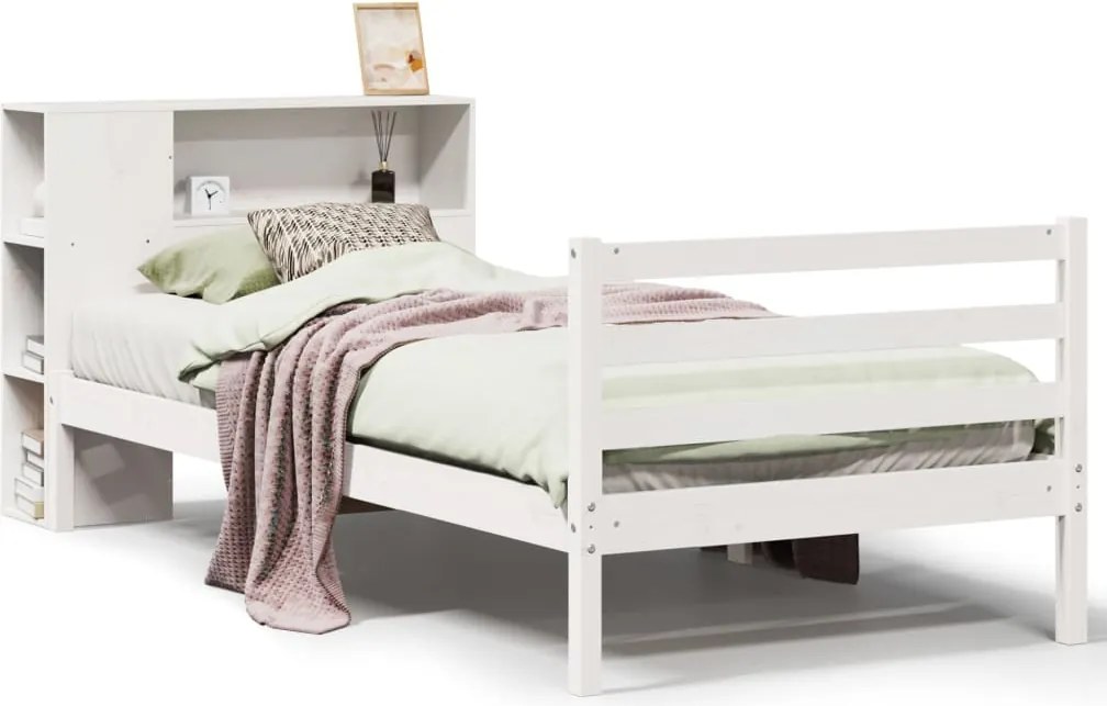 vidaXL Pat cu bibliotecă fără saltea, alb, 75x190 cm, lemn masiv pin