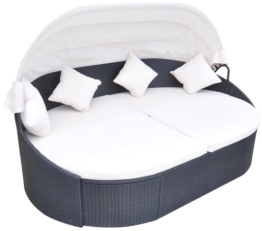 41832 vidaXL Pat șezlong de exterior cu baldachin, negru, poliratan