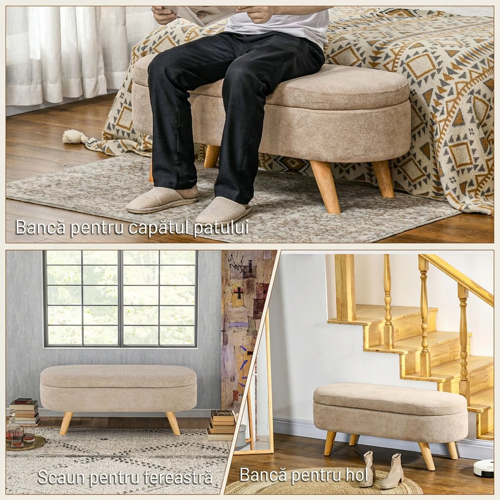 HOMCOM Bancă cu Spațiu de Depozitare Ascuns, Bancă Tapițată cu Picioare din Lemn și Poliester, 110x40x43 cm, Bej | Aosom Romania