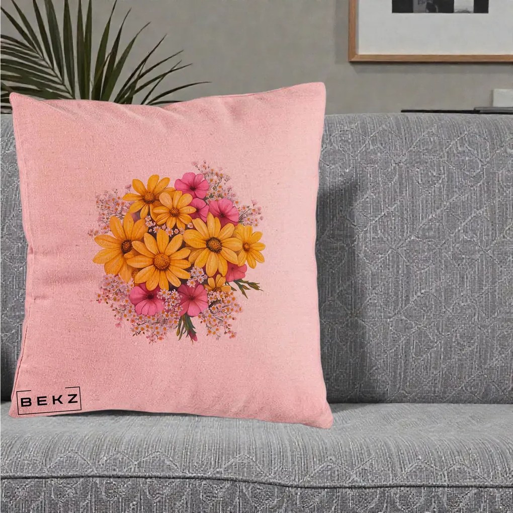 Perna Decorativa Floarea-Soarelui cu Cosmos Roz si Gypsophila, 40x40 cm, Roz, Husa Detasabila, Perna Inclusa, BEKZ®
