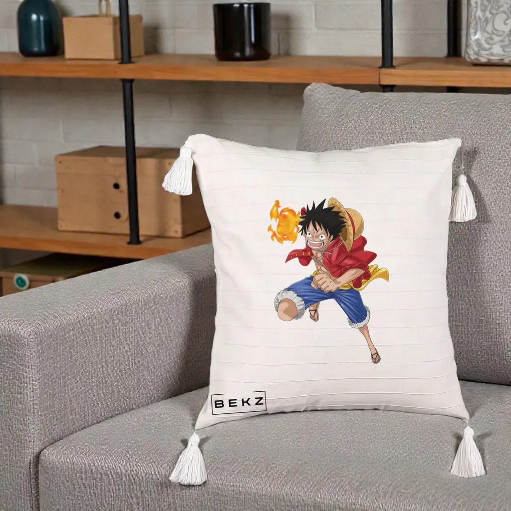 Perna Personalizata One Piece Luffy Gear Second Foc, 40x40 cm, Bej cu Franjuri, Husa Detasabila, Perna Inclusa, BEKZ®