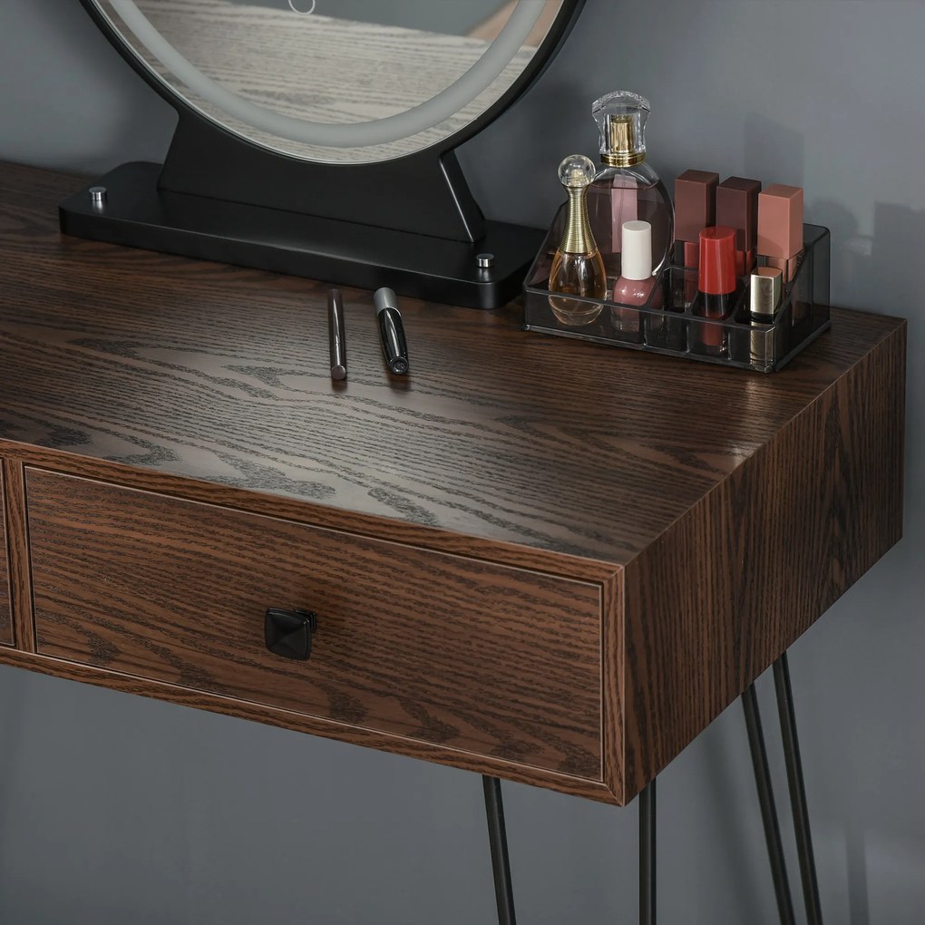 HOMCOM Masa de toaleta cu Oglinda Stil Industrial Lumini tip LED si Taburet Culoare Nuc