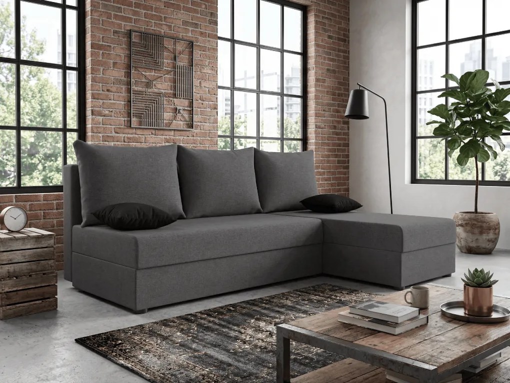 Coltar extensibil de colt VALERIO SLIM, gri inchis, reversibil, 200x140 cm + 2 perne GRATUIT
