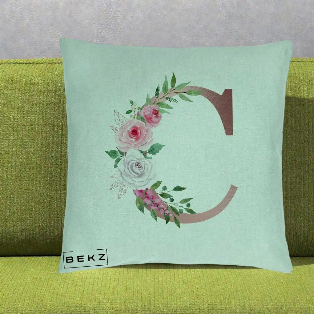 Cadou Personalizat - Perna Personalizata Monograma Rose Gold Litera C, 40x40 cm, Verde Menta, Husa Detasabila, Perna Inclusa, BEKZ®