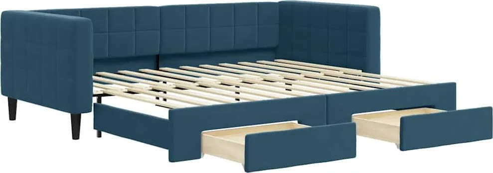 vidaXL Pat de zi cu extensie și sertare, albastru, 90x200 cm, catifea