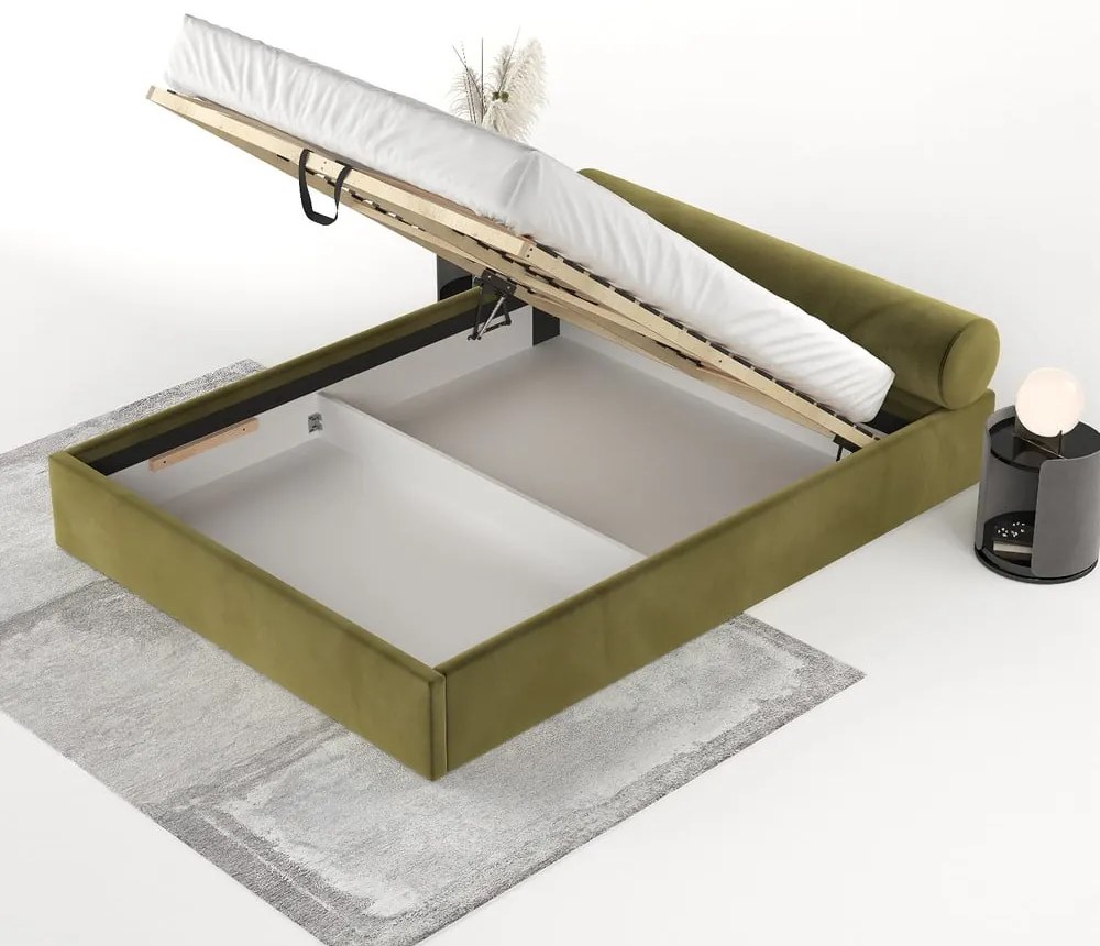 Pat matrimonial verde închis tapițat cu spațiu de depozitare cu somieră 160x200 cm Solvo – Maison de Rêve