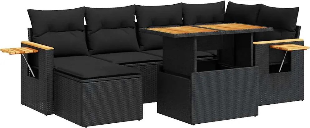 vidaXL Set canapele grădină perne 7 piese negru, poliratan/lemn acacia
