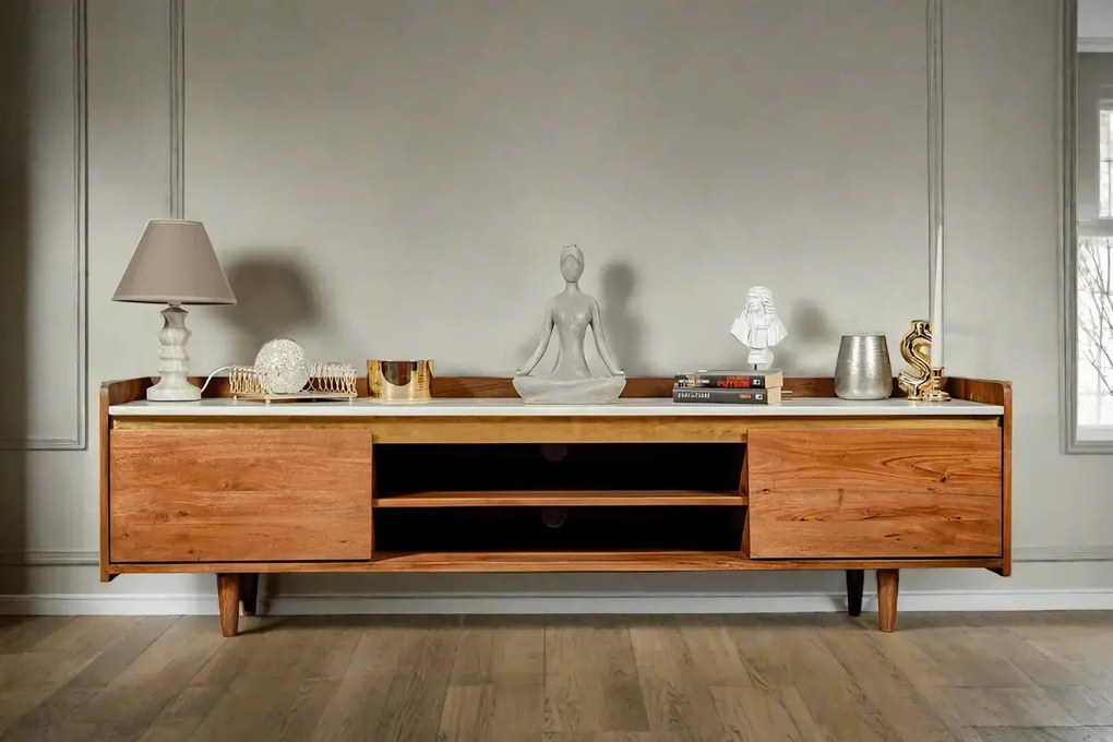 Comodă TV din lemn masiv si marmura, Milano Marble 160 x 35 x 45 cm, d