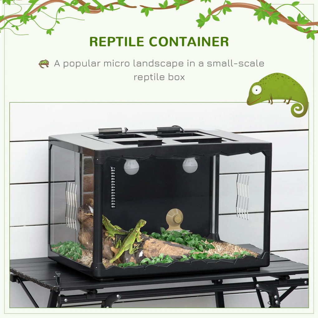PawHut Terariu pentru Broaște Țestoase, Cameleon, Iguana, Gecko și Reptile din Sticla cu Termometru 18-34℃, 60x40x40.5 cm, Negru | Aosom Romania