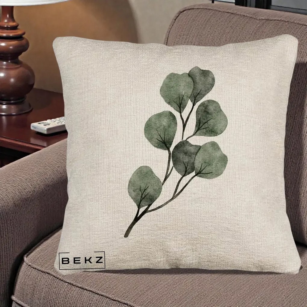 Perna Decorativa Ramura Eucalipt Acuarela, 40x40 cm, Bej Canapea, Husa Detasabila, Perna Inclusa, BEKZ®