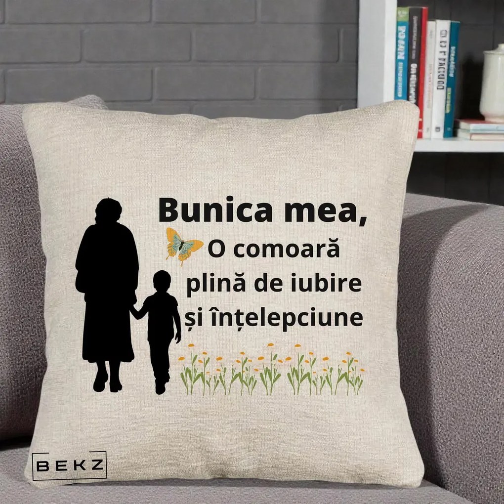 Cadou pentru Bunica - Perna Personalizata Bunica Mea Comoara cu Fluture si Baietel, 40x40 cm, Bej Canapea, Husa Detasabila, Perna Inclusa, BEKZ®