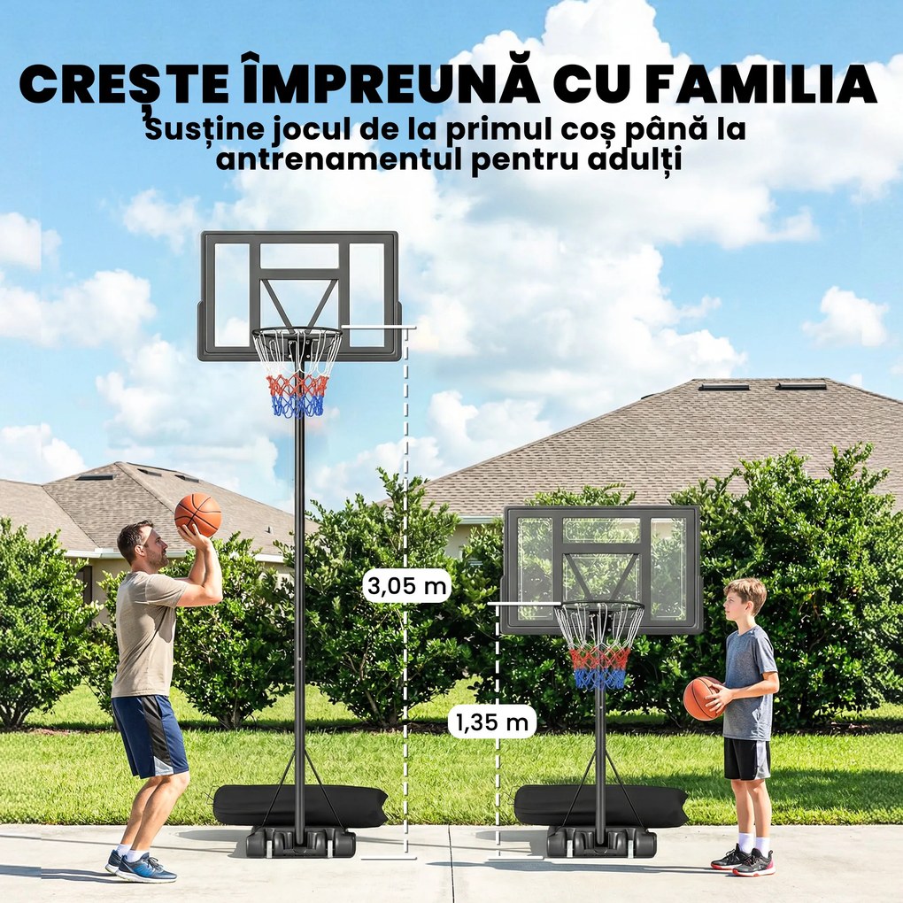 SPORTNOW Coș de Baschet Exterior Reglabil pe Înălțime 135-305 cm, Coș de Baschet cu Roți, Bază Umplibilă, Sac de Greutate, Panou Rezistent, Portabil pentru Interior și Exterior, Negru | Aosom Romania