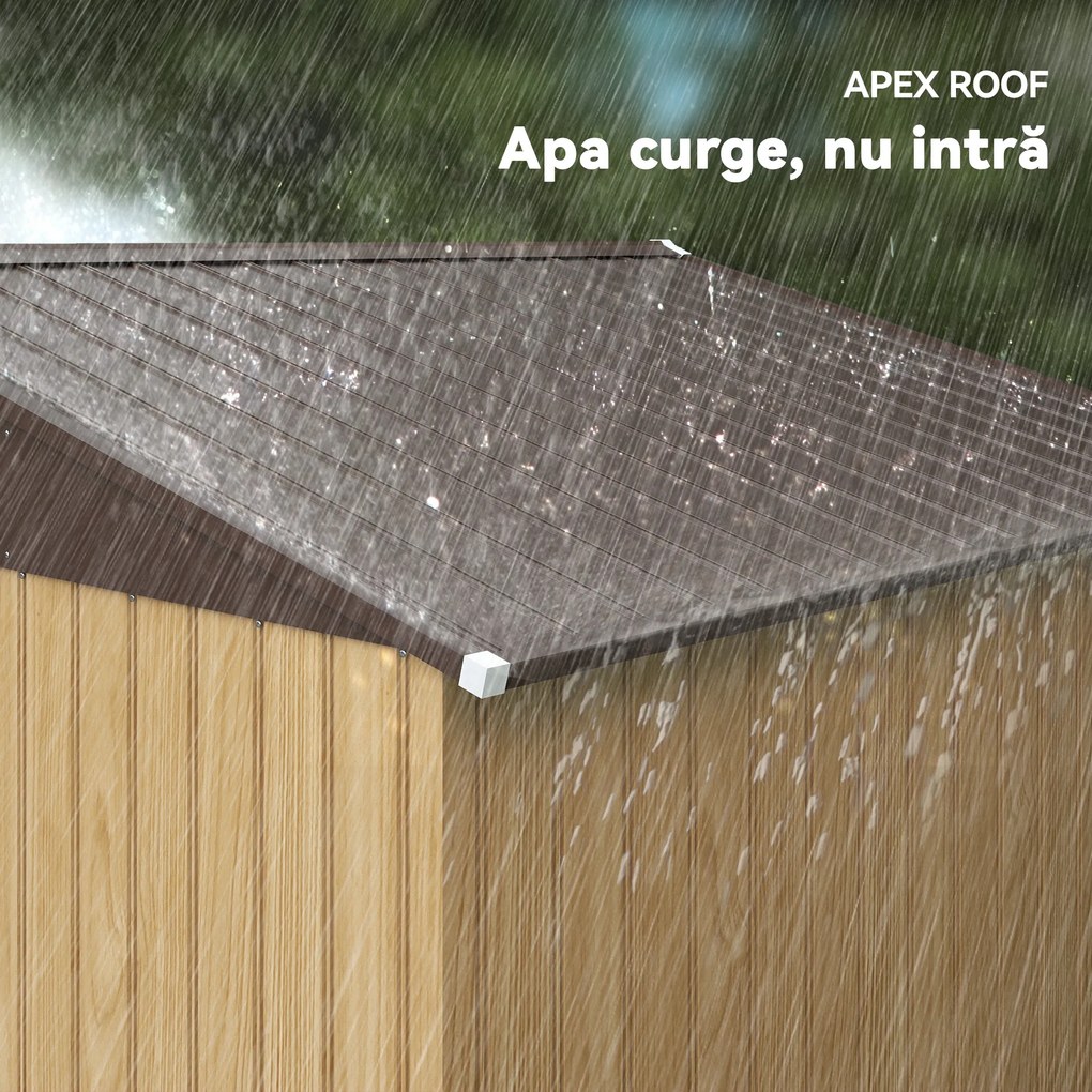Outsunny Magazie de grădină 4,9 m² din oțel, cu ușă dublă glisantă și acoperiș înclinat, maro deschis | Aosom Romania