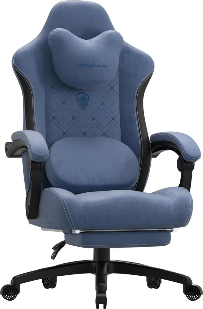 DOWINX Scaun gaming, ergonomic, Incalzire si Masaj cu Role in perna lombara, Șezut cu Arcuri Metalice și Spumă, rabatabil 90°-135°, Suport picioare, rezistent 150 kg, material textil, Albastru
