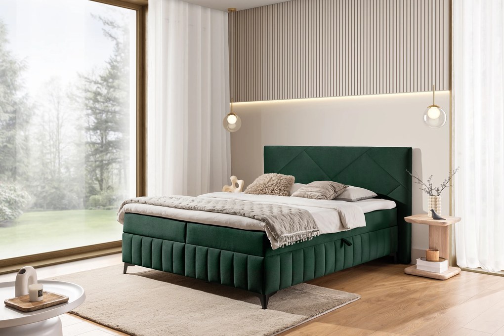 Pat boxspring Wasil 160x200 cu spațiu de depozitare - catifea verde hidrofobă Element 12
