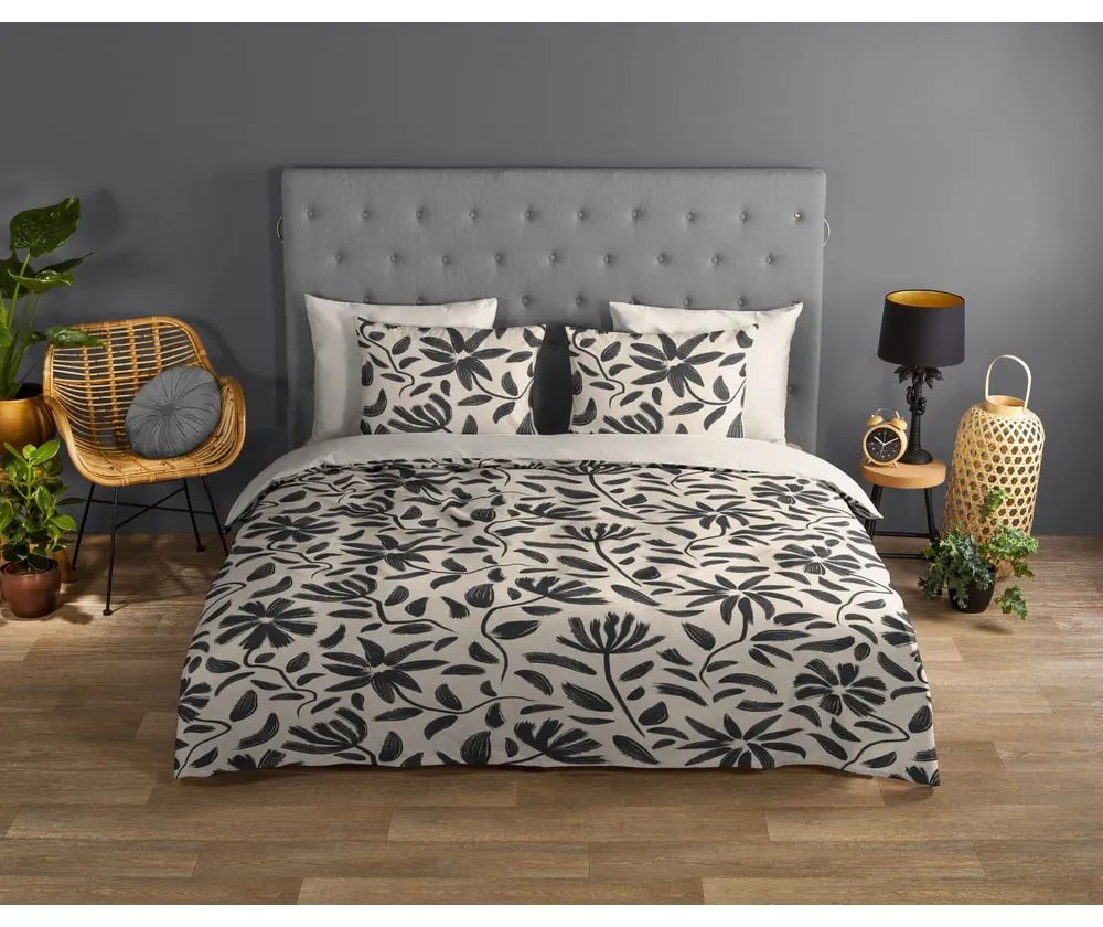 Lenjerie de pat neagră-bej din bumbac pentru pat de o persoană, extinsă 140x220 cm Emilia – Good Morning