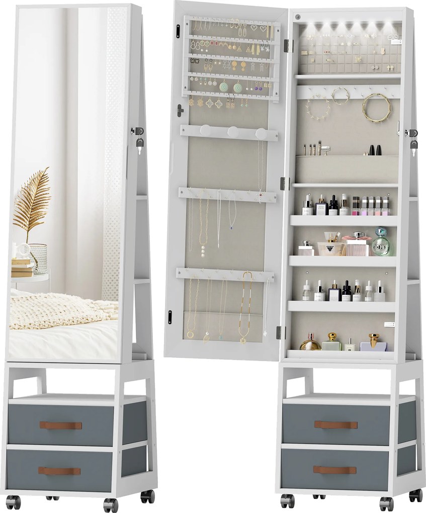 HOMCOM Oglindă Dulap pentru Bijuterii cu LED Interior Roți Pivotant 360° Rafturi Deschise Sertare din Material Textil Alb | Aosom Romania