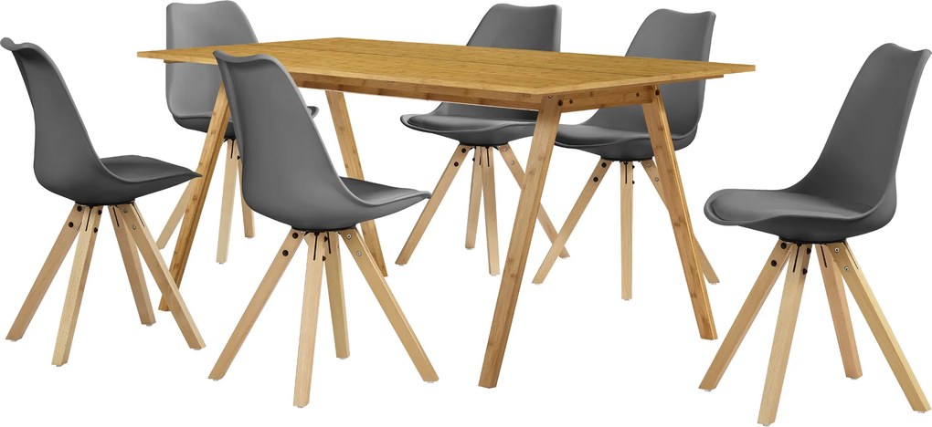 [en.casa]® Masa de bucatarie/salon bambus design- 180 x 80 cm  - cu 6 scaune gri