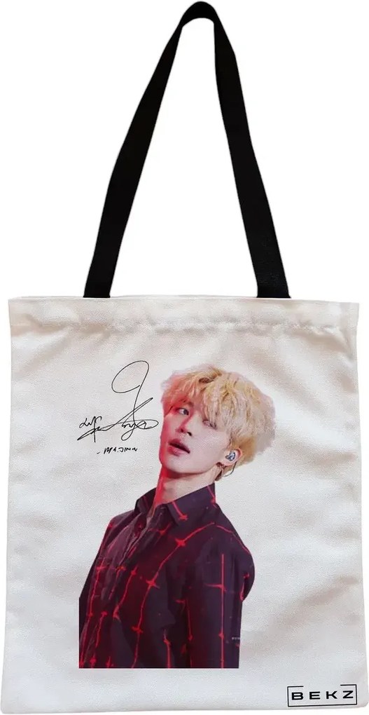 Sacosa de Panza pentru Cumparaturi, Geanta Tote, model BTS Jimin cu semnatura 2, Cu fermoar, 38x34.5 cm, Alba, BEKZ®